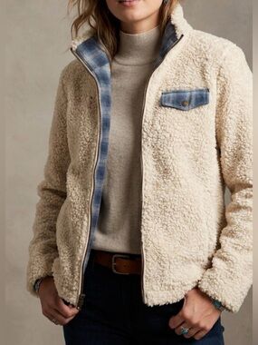 Pendleton Sherpa Fleece Jacket Wool Plaid Trim Western Cozy Small